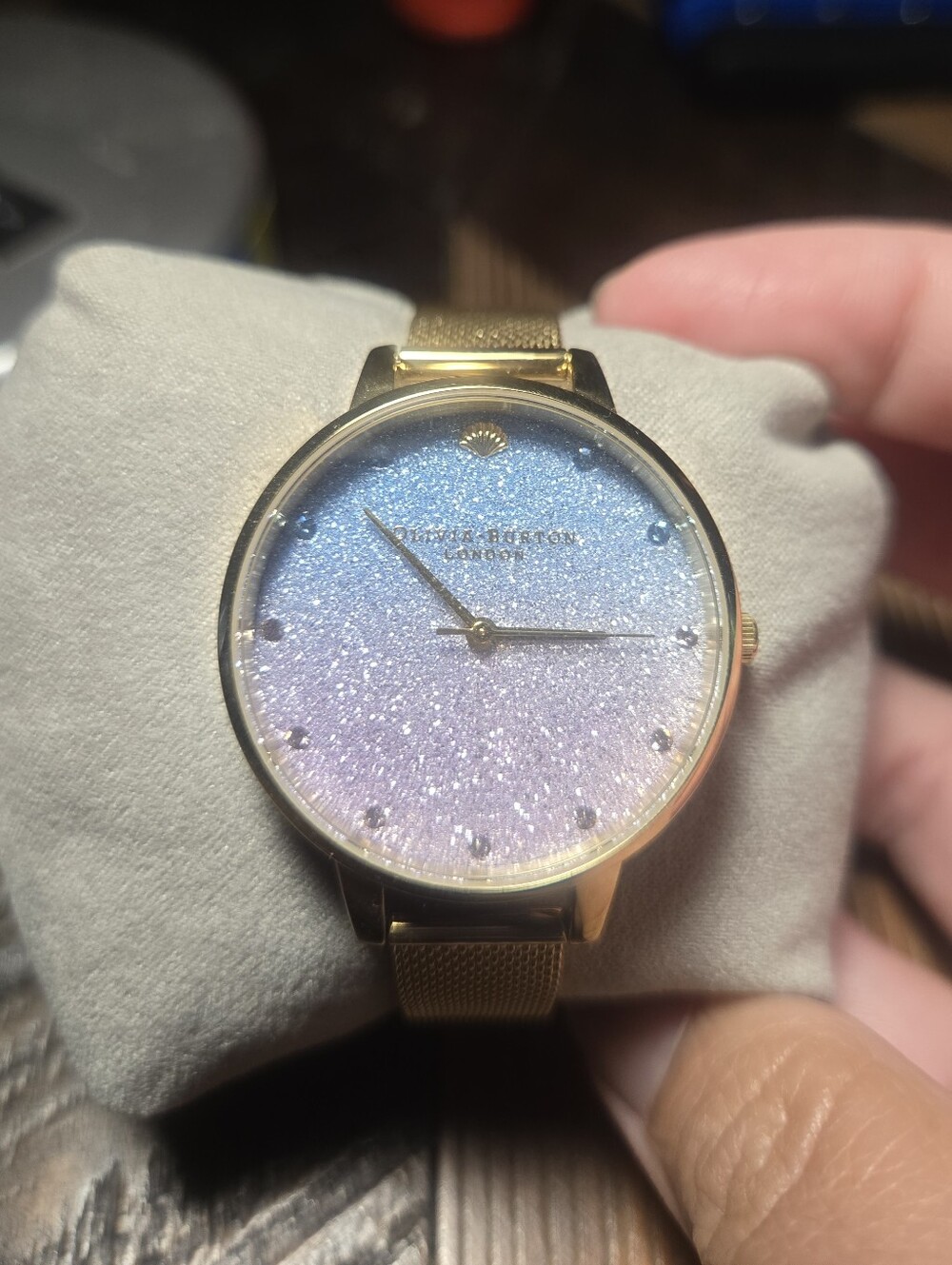 OLIVIA BURTON Gold Mesh Watch with Pink and Blue Glitter Ombre Dial